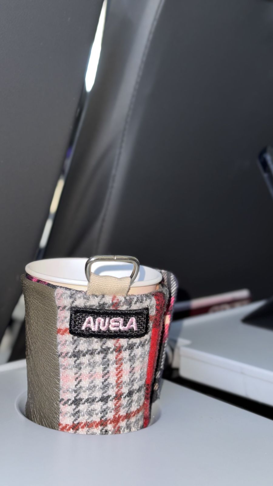 ANELA cup holder in checked tweed and leather